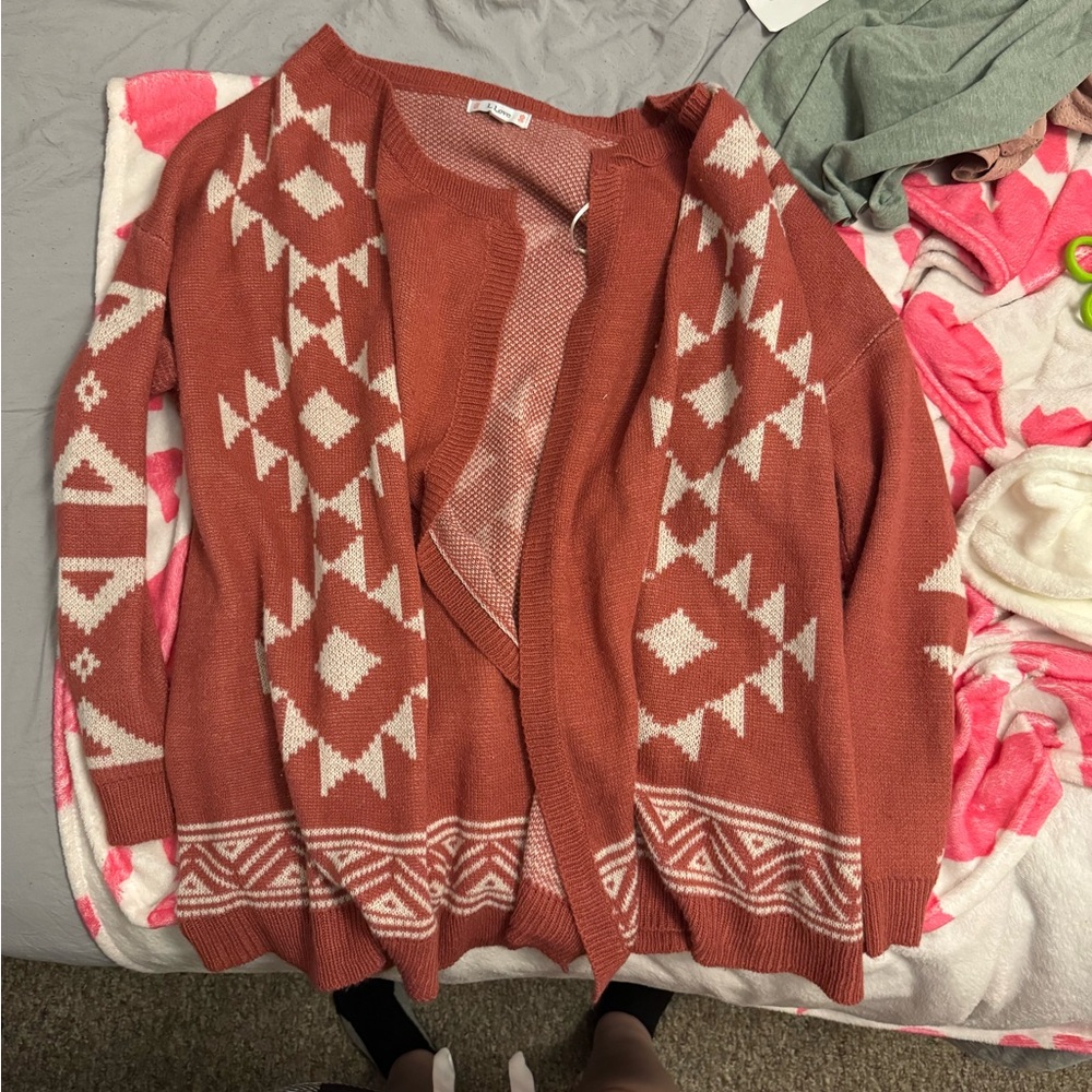 L Love salmon colored cardigan sweater